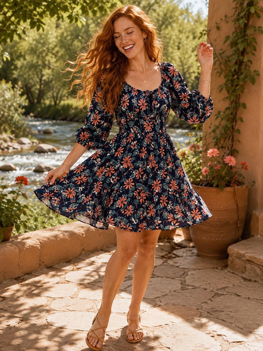 Umgee NWT Navy Floral Peekaboo Back Bow Boho Mini Dress M - Picture 12 of 12